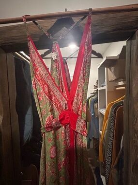 EARTHBOUND Red & Green Floral Wrap Maxi Dress with Tie
